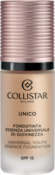 Collistar Unico Universal Youth Essence Foundation SPF 15 w matowej butelce z miedzianą, żebrowaną nakrętką, widok z przodu.