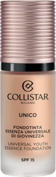 Beżowy podkład Collistar Unico Universal Youth Essence Foundation SPF 15 w szklanej butelce z miedzianą zakrętką, widok z przodu.