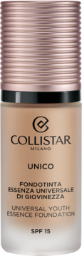 Collistar Unico podkład przeciwzmarszczkowy 3N Beige z SPF 15, w matowej szklanej butelce z miedzianą nakrętką.