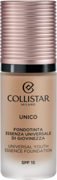 Collistar Unico Universal Youth Essence Foundation SPF 15 w beżowej, matowej butelce z miedzianą zakrętką, widok z przodu.