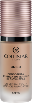 Beżowy podkład Collistar Unico SPF 15 Universal Youth Essence w butelce z różową nakrętką, widok z przodu.