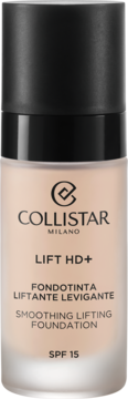 Collistar Lift HD+ wygładzający podkład z SPF 15 w matowej butelce z czarną pompką, ujęcie frontalne.