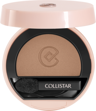 Otwarty brązowy cień do powiek Collistar Cinnamon Matte z matowym wykończeniem i aplikatorem w różowym kompakcie.
