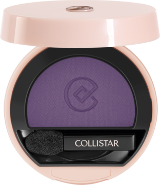 Fioletowy cień Collistar Purple Haze Matte, z aplikatorem, w otwartym pudrowym opakowaniu, widok z góry.