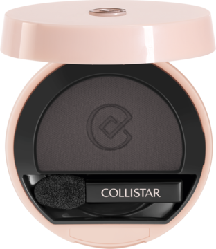 Collistar Smoky Matte, grafitowy cień do powiek w otwartym, beżowo-czarnym opakowaniu z aplikatorem. Widok z góry.