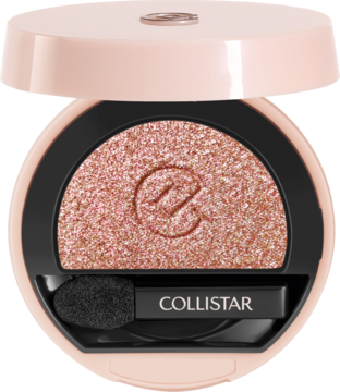 Collistar brokatowy cień do powiek Pink Gold Frost w otwartym okrągłym opakowaniu z aplikatorem, widok z góry.