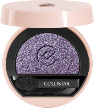 Widok z góry otwartego brokatowego cienia Collistar Lavender Frost w jasnoróżowym opakowaniu z aplikatorem.
