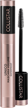 Collistar Volume Unico Waterproof Mascara, rose gold tuba z czarnymi elementami, otwarta ze stożkową szczoteczką.
