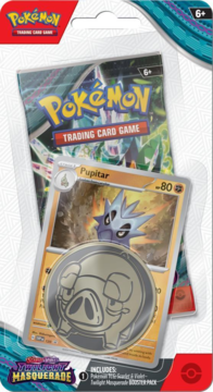 Front blistera Pokemon TCG Scarlet & Violet Twilight Masquerade: booster, karta Pupitar, moneta.