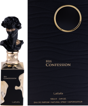 Lattafa His Confession męska woda perfumowana. Flakon z czarnym biustem i złotą podstawą, widok pudełka z przodu.