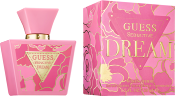 Różowa woda toaletowa Guess Seductive Dream i pudełko z kwiatowym wzorem, widok z przodu.