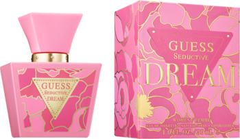 Różowa butelka i pudełko wody toaletowej Guess Seductive Dream dla kobiet, ze złotymi kwiatowymi wzorami, widok z przodu.