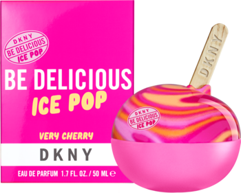 DKNY Be Delicious Ice Pop Very Cherry EDP: Różowe pudełko i flakon w kształcie loda o żywych różowo-żółtych barwach.