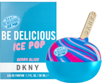 DKNY Be Delicious Ice Pop Berry Bliss EDP w niebieskim pudełku i kulistym flakonie z wzorem lodowego lizaka.