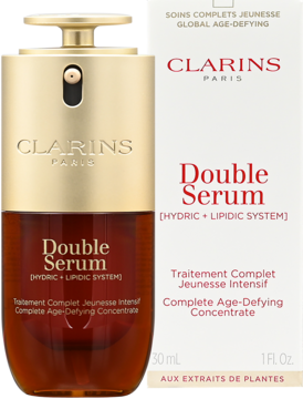 Clarins Double Serum, butelka z podwójną formułą, złota pompka, obok białe pudełko, widok z przodu.