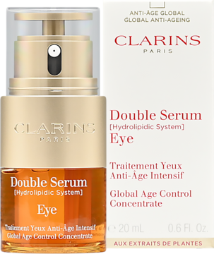 Clarins Double Serum Eye, dwukomorowe serum pod oczy w złotym flakonie obok białego kartonika, widok z przodu.