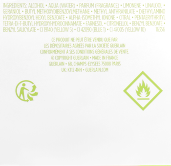 Guerlain Aqua Allegoria Nerolia Vetiver: tył opakowania z listą składników, symbolami recyklingu i płomienia.