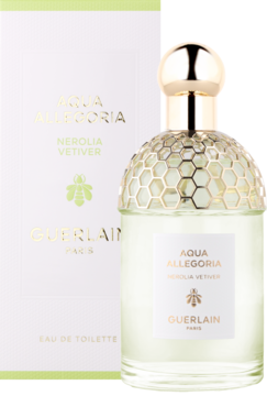 Guerlain Aqua Allegoria Nerolia Vetiver, woda toaletowa. Butelka z pszczołą, zielony płyn, złota nakrętka przed białym pudełkiem.