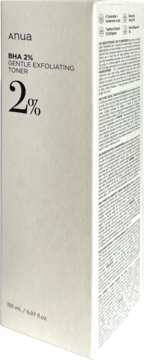 Anua BHA 2% Gentle Exfoliating Toner w białym pudełku, widok z przodu i boku z tekstem i ikonami.