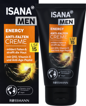 Isana Men Energy Anti-Falten Creme LSF 15, krem przeciwzmarszczkowy dla mężczyzn, czarna tubka i kartonik.