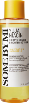 Tonik SOME BY MI Yuja Niacin rozjaśniający, butelka 150ml z żółtą zakrętką, widok z przodu.