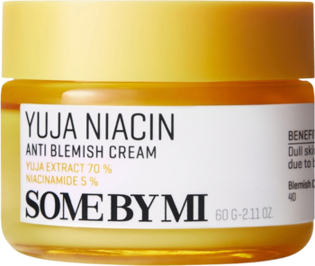 Żółty krem Some By Mi Yuja Niacin Anti Blemish, 60g, z niacynamidem i ekstraktem Yuja, widok z przodu.