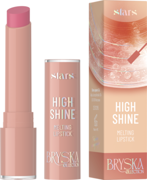 Otwarta różowa pomadka Stars x Bryska High Shine i jej zamknięte, błyszczące opakowanie z napisami.