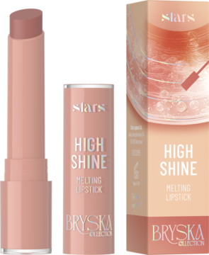 Otwarta błyszcząca pomadka Stars x Bryska Kawa z efektem mokrego wykończenia, obok tubka i pudełko HIGH SHINE.
