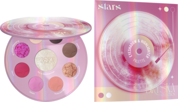 Paleta cieni Stars x Bryska w różowym opakowaniu winylowym, 8 kolorów (mat, błysk, róże, beże). Widok otwartej palety i pudełka.