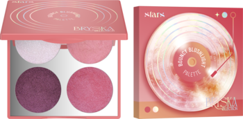 Stars x Bryska kremowa paleta do konturowania z 4 odcieniami (róże, rozświetlacze), obok opakowanie z motywem gramofonu.