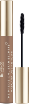 Tusz do rzęs AA Wings of Color Deep Brown, brązowo-złote opakowanie z otwartym aplikatorem obok tuby.