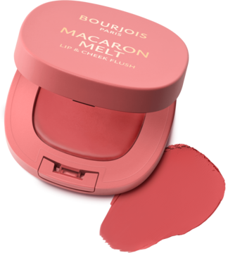 Bourjois Macaron Melt róż w kremie, otwarte pudrowo-różowe opakowanie, obok koralowy swatch produktu.