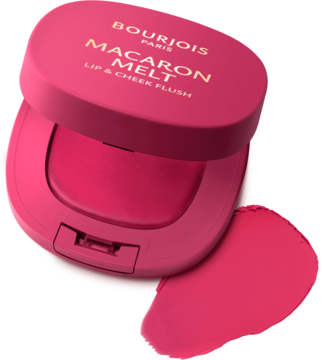 Bourjois Macaron Melt róż do policzków i ust w otwartym, różowym kompakcie z kremowym swatche.