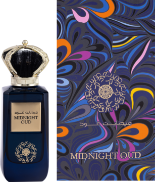 Ard Al Zaafaran Midnight Oud, korzenny zapach unisex. Ciemny flakon z koroną i pudełko z barwnym, orientalnym wzorem.