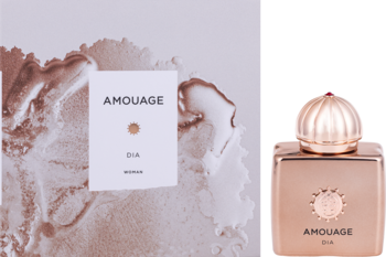 Amouage Dia Woman EDP. Luksusowy zapach w różowo-złotym flakonie z ozdobnym korkiem, obok białej karty.