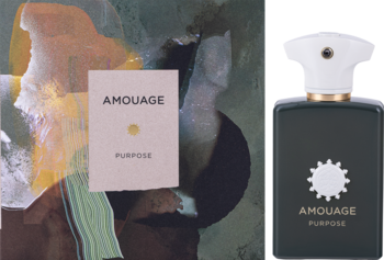 Amouage Purpose, unisex woda perfumowana. Ciemnoszary flakon ze srebrnym logo, biało-złoty korek, obok jasne pudełko.