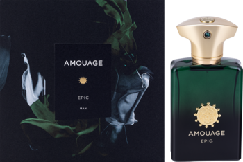 Amouage Epic Man orientalno-drzewna woda perfumowana: ciemnozielona butelka ze złotym korkiem, obok opakowania.