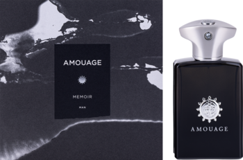 Amouage Memoir Man, męska woda perfumowana w eleganckiej czarnej butelce z srebrnym korkiem, obok pudełko.