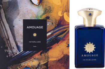 Amouage Interlude męska woda perfumowana, elegancka granatowa butelka ze złotym korkiem, częściowo widoczne opakowanie.