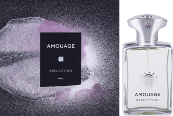 Męska woda perfumowana Amouage Reflection: z lewej ciemne pudełko, z prawej butelka z białą etykietą i srebrną nakrętką.