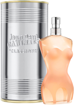 Jean Paul Gaultier Classique EDT, butelka w kształcie kobiecego torsu obok srebrnej, ryflowanej puszki.