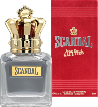 Jean Paul Gaultier Scandal woda toaletowa męska, flakon z ciemnym płynem i złotą koroną, obok czerwone opakowanie.