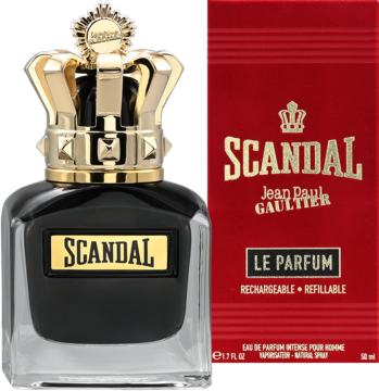 Jean Paul Gaultier Scandal Le Parfum, czarna butelka z koroną i czerwone opakowanie obok, męska woda perfumowana.