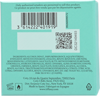 Tył opakowania wody perfumowanej Tiffany & Co., niebieski, z kodem kreskowym, QR kodem i pełną listą składników.
