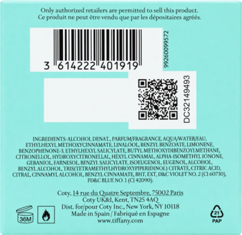 Tył błękitnego kartonika perfum Tiffany & Co., z kodem kreskowym, QR, składem i ostrzeżeniami producenta.