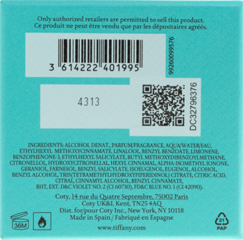 Tiffany & Co. woda perfumowana, tył błękitnego opakowania z kodem kreskowym i listą składników.