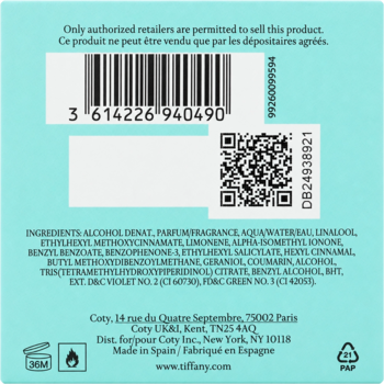 Tył turkusowego opakowania Tiffany & Co. Intense z kodem kreskowym, QR i listą składników.
