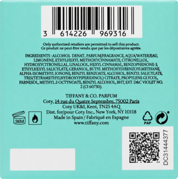 Tył turkusowego opakowania perfum Tiffany & Co. Parfum, z kodem, składem, danymi producenta i QR kodem.