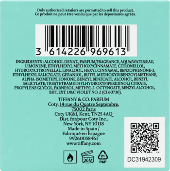 Tył turkusowego opakowania perfum Tiffany & Co Parfum z czarnym kodem kreskowym, listą składników i QR kodem.