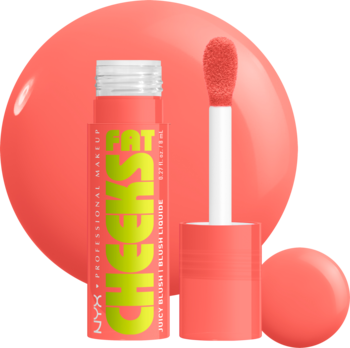 Koralowy róż w płynie NYX Fat Cheeks Juicy Blush Papaya Plump. Otwarta tubka z aplikatorem na błyszczącym tle.